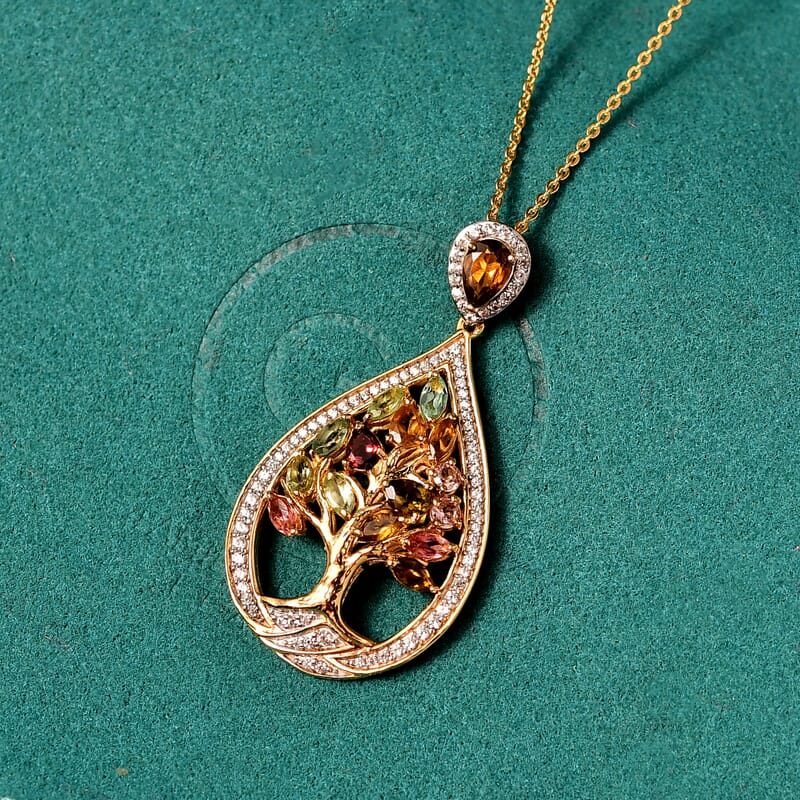 GP Italian Garden Collection Multi-Tourmaline and Multi Gemstone 2.50 cctw Tree of Life Pendant Necklace in 18K Vermeil Yellow Gold Over Sterling Silver 20 Inches