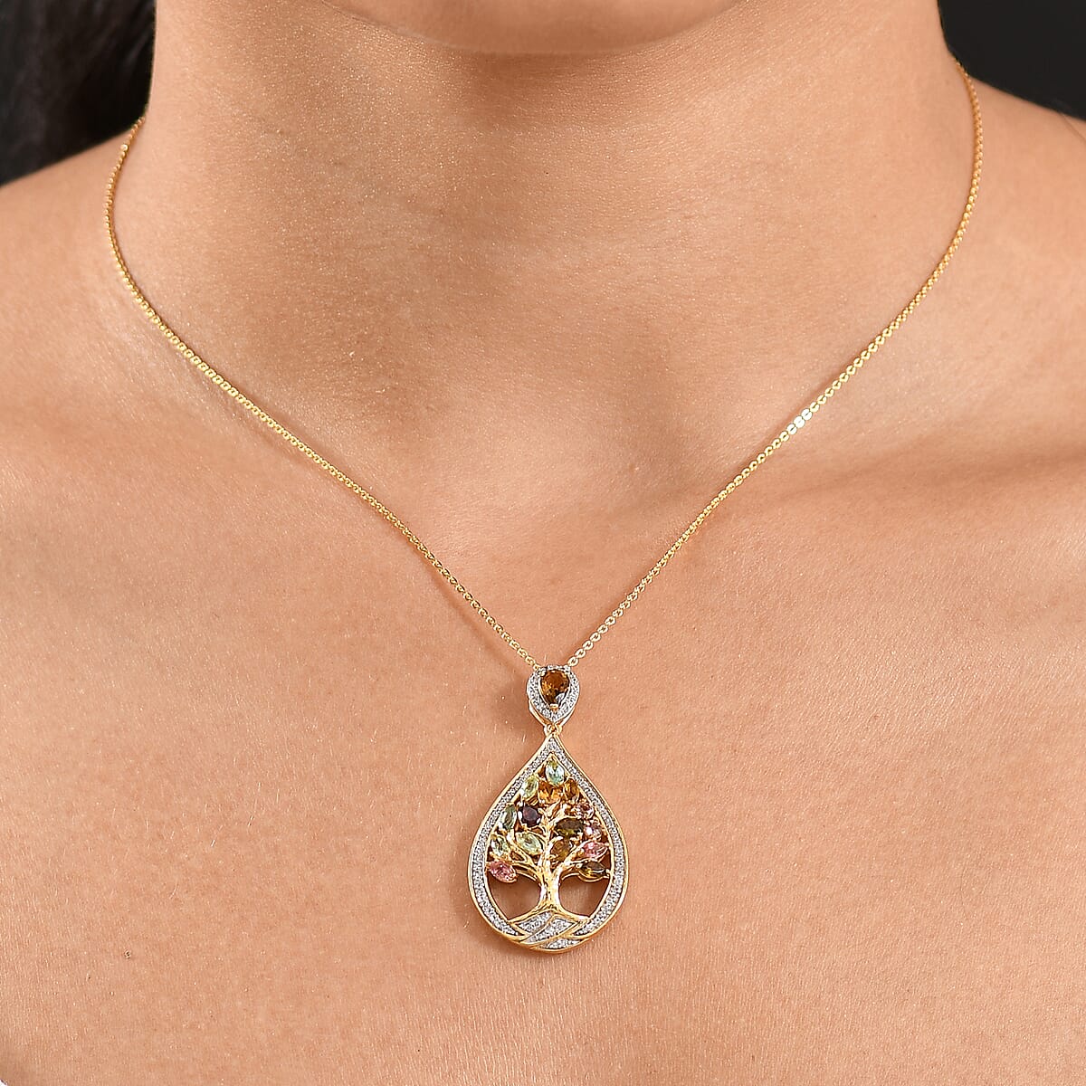 GP Italian Garden Collection Multi-Tourmaline and Multi Gemstone 2.50 cctw Tree of Life Pendant Necklace in 18K Vermeil Yellow Gold Over Sterling Silver 20 Inches image number 2