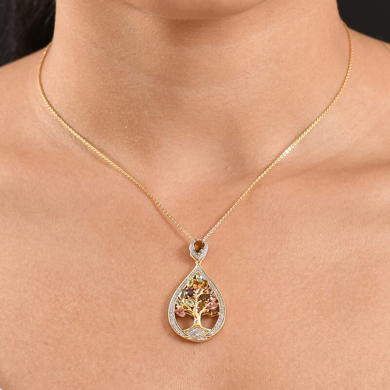 GP Italian Garden Collection Multi-Tourmaline and Multi Gemstone 2.50 cctw Tree of Life Pendant Necklace in 18K Vermeil Yellow Gold Over Sterling Silver 20 Inches