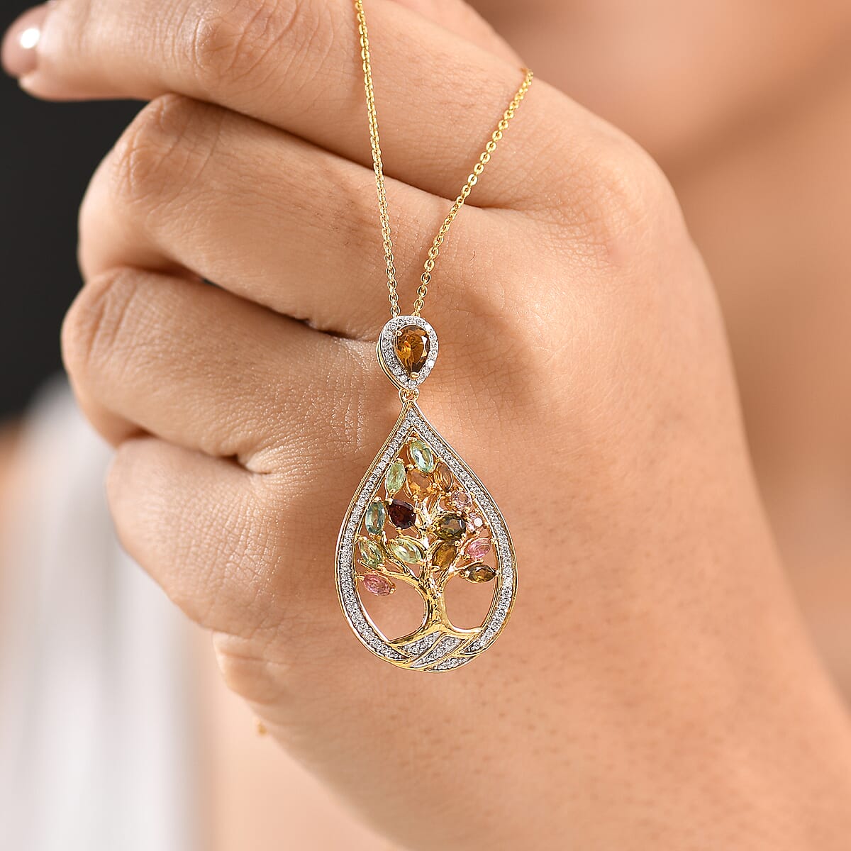 GP Italian Garden Collection Multi-Tourmaline and Multi Gemstone 2.50 cctw Tree of Life Pendant Necklace in 18K Vermeil Yellow Gold Over Sterling Silver 20 Inches image number 3