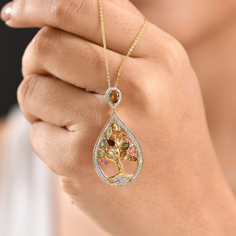 GP Italian Garden Collection Multi-Tourmaline and Multi Gemstone 2.50 cctw Tree of Life Pendant Necklace in 18K Vermeil Yellow Gold Over Sterling Silver 20 Inches
