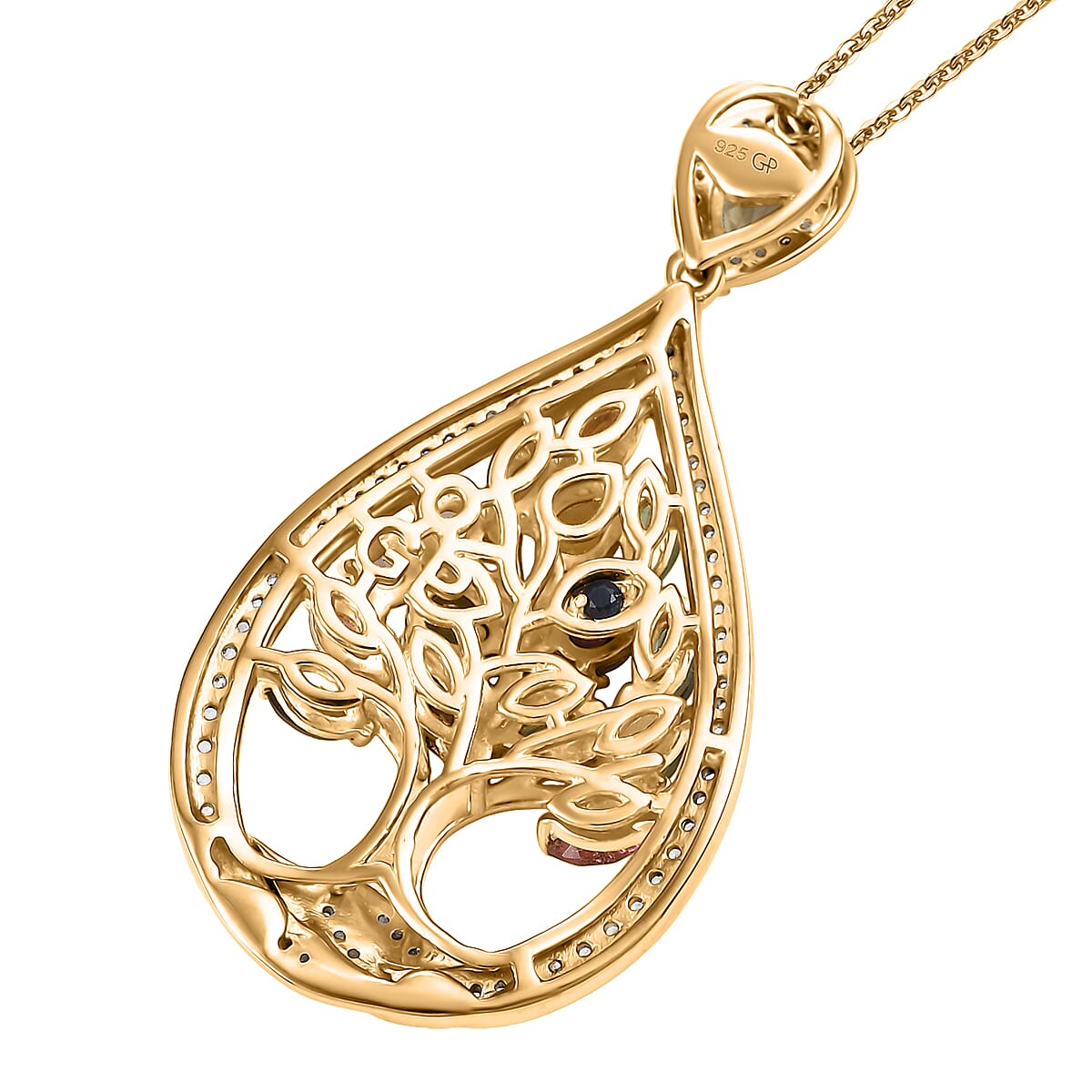 GP Italian Garden Collection Multi-Tourmaline and Multi Gemstone 2.50 cctw Tree of Life Pendant Necklace in 18K Vermeil Yellow Gold Over Sterling Silver 20 Inches image number 5