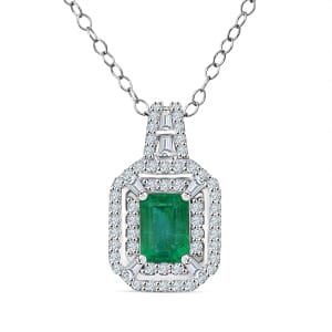 D'Joy Premium Kagem Zambian Emerald, Moissanite 1.50 ctw The Regal Halo Pendant Necklace 20 Inches in Rhodium Over Sterling Silver 