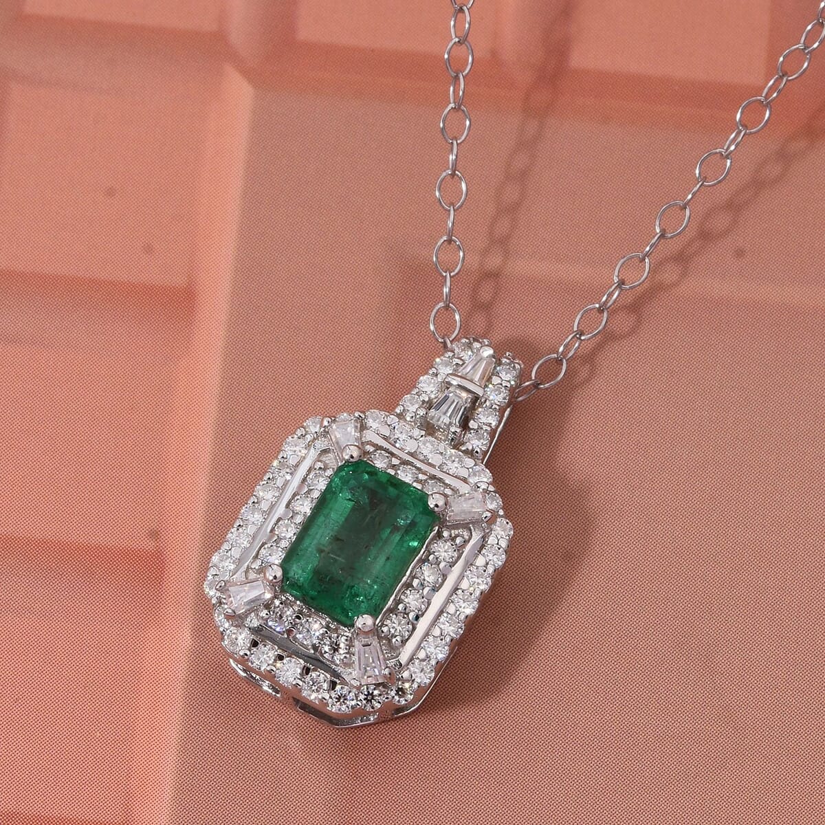D'Joy Premium Kagem Zambian Emerald, Moissanite 1.50 ctw The Regal Halo Pendant Necklace 20 Inches in Rhodium Over Sterling Silver  image number 1