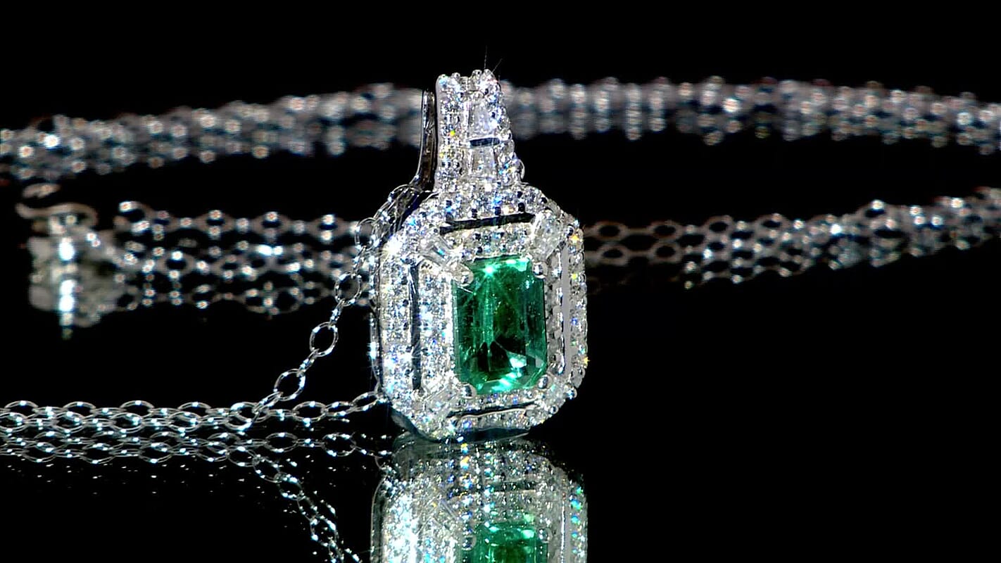 D'Joy Premium Kagem Zambian Emerald, Moissanite 1.50 ctw Imperial Radiance Pendant Necklace 20 Inches in Rhodium Over Sterling Silver