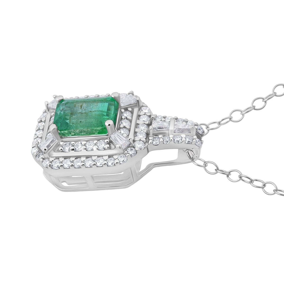 D'Joy Premium Kagem Zambian Emerald, Moissanite 1.50 ctw The Regal Halo Pendant Necklace 20 Inches in Rhodium Over Sterling Silver  image number 3