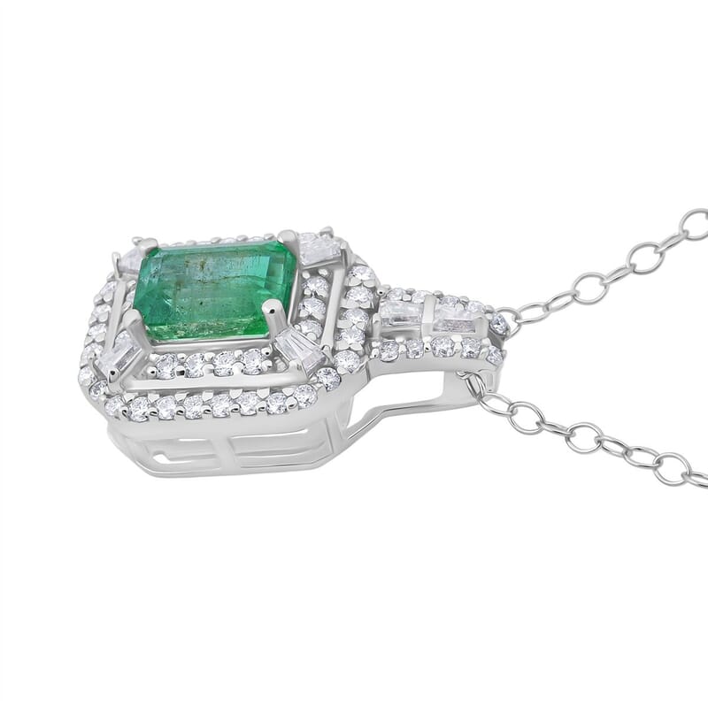 D'Joy Premium Kagem Zambian Emerald, Moissanite 1.50 ctw Imperial Radiance Pendant Necklace 20 Inches in Rhodium Over Sterling Silver 