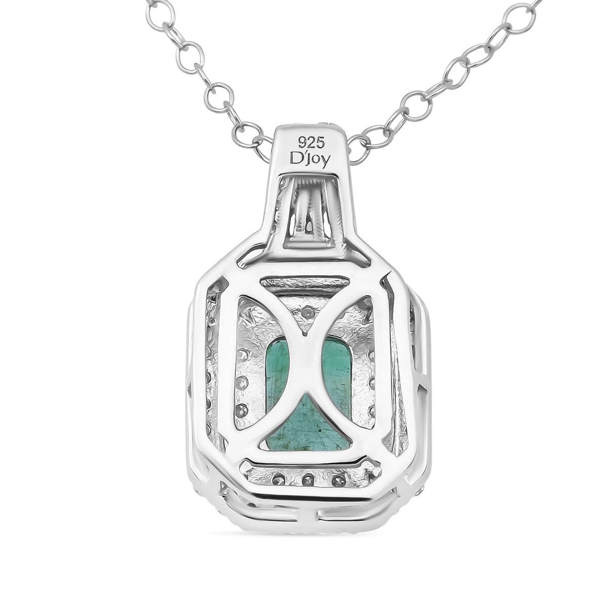 D'Joy Premium Kagem Zambian Emerald, Moissanite 1.50 ctw The Regal Halo Pendant Necklace 20 Inches in Rhodium Over Sterling Silver  image number 4
