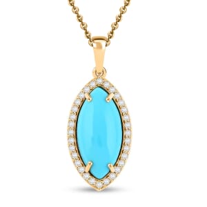 Certified & Appraised Luxoro AAA Sleeping Beauty Turquoise and G-H I2 Diamond 3.55 ctw Pendant Necklace in 10K Yellow Gold 18 Inches