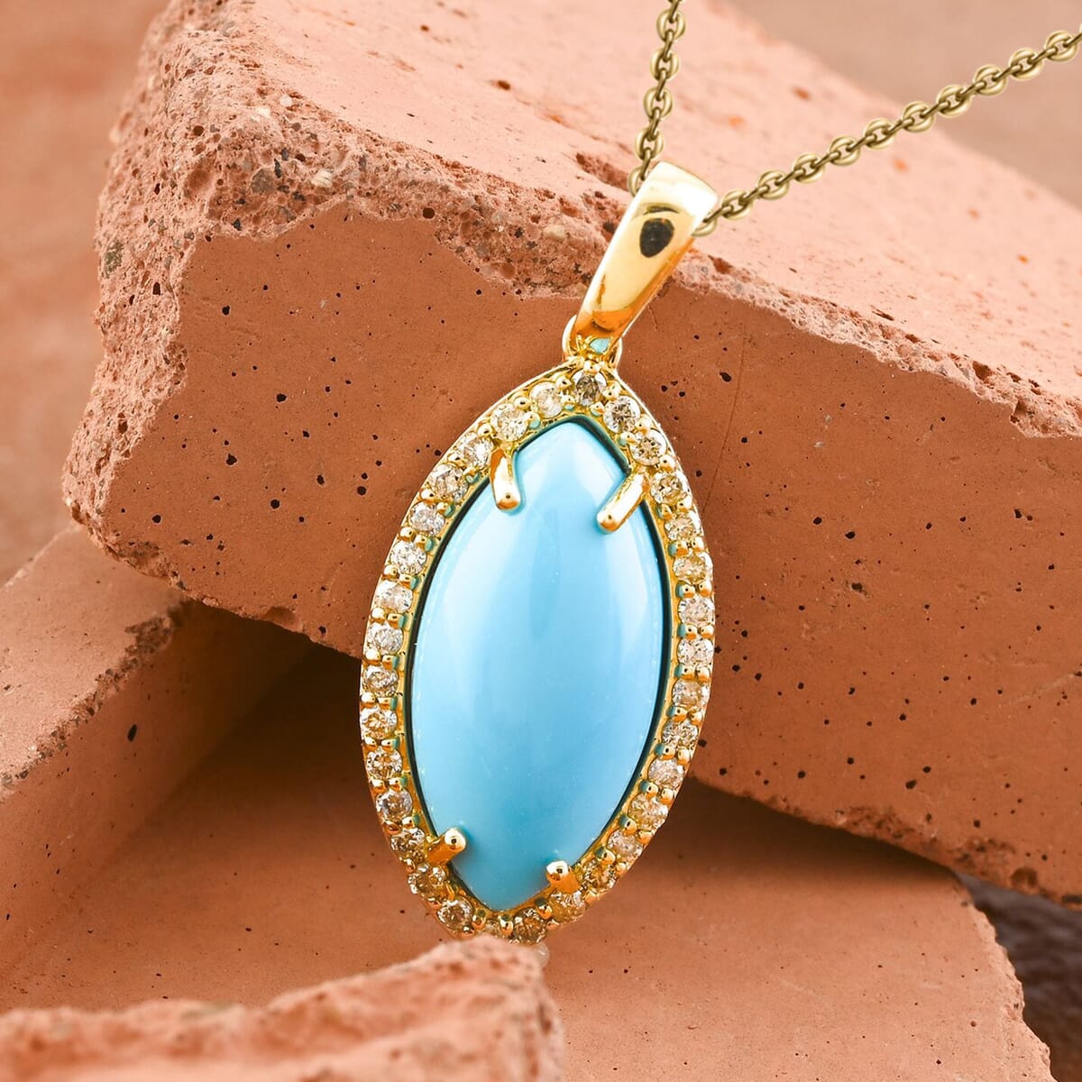 Certified & Appraised Luxoro AAA Sleeping Beauty Turquoise and G-H I2 Diamond 3.55 ctw Pendant Necklace in 10K Yellow Gold 18 Inches image number 1