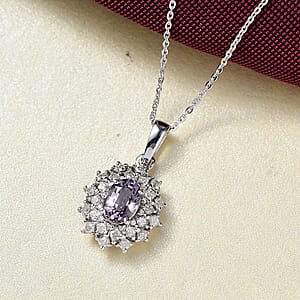 D'Joy Royal Lavender Spinel and Moissanite 1.50 ctw Diamond Lace Pendant Necklace in Rhodium Over Sterling Silver 20 Inches