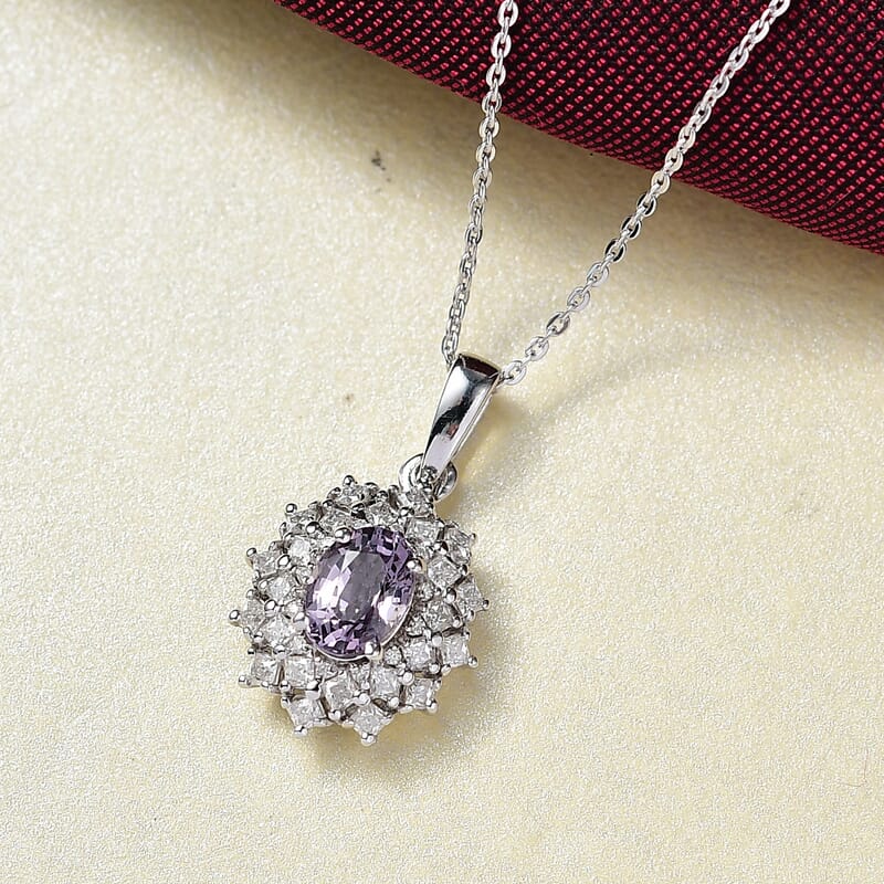 D'Joy Royal Lavender Spinel and Moissanite 1.50 ctw Diamond Lace Pendant Necklace in Rhodium Over Sterling Silver 20 Inches