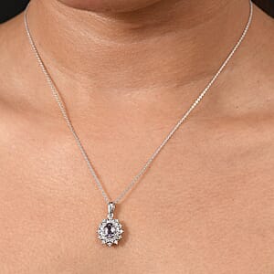 D'Joy Royal Lavender Spinel and Moissanite 1.50 ctw Diamond Lace Pendant Necklace in Rhodium Over Sterling Silver 20 Inches