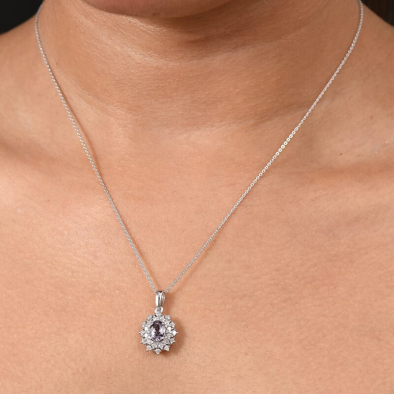 D'Joy Royal Lavender Spinel and Moissanite 1.50 ctw Diamond Lace Pendant Necklace in Rhodium Over Sterling Silver 20 Inches