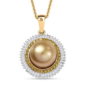 D'Joy South Sea Golden Cultured Pearl, Yellow and White Diamond 0.50 ctw Sunray Pendant Necklace in 18K Vermeil Yellow Gold Over Sterling Silver 20 Inches