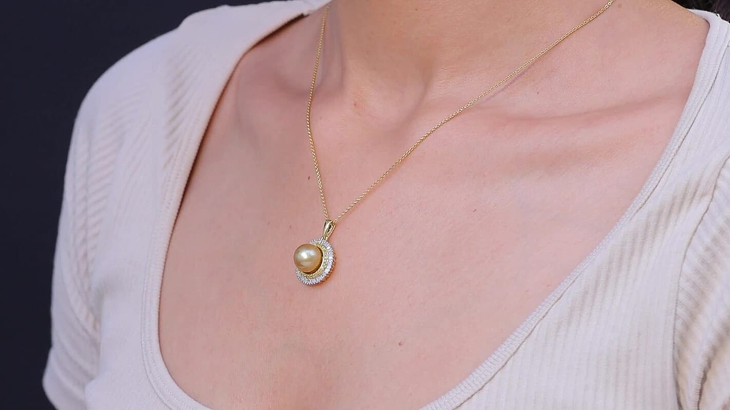 TLV D'Joy South Sea Golden Cultured Pearl 9-11mm, Yellow Diamond (IR), Diamond Pendant Necklace (20 Inches) in 18K Vermeil YG Over Sterling Silver 0.50 ctw
