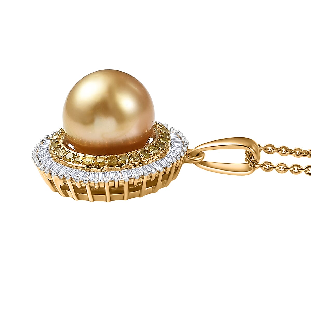 D'Joy South Sea Golden Cultured Pearl, Yellow and White Diamond 0.50 ctw Sunray Pendant Necklace in 18K Vermeil Yellow Gold Over Sterling Silver 20 Inches image number 3