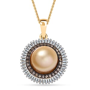 D'Joy South Sea Golden Cultured Pearl, Natural Champagne and White Diamond 0.50 ctw Sunray Pendant Necklace in 18K Vermeil Yellow Gold Over Sterling Silver 20 Inches