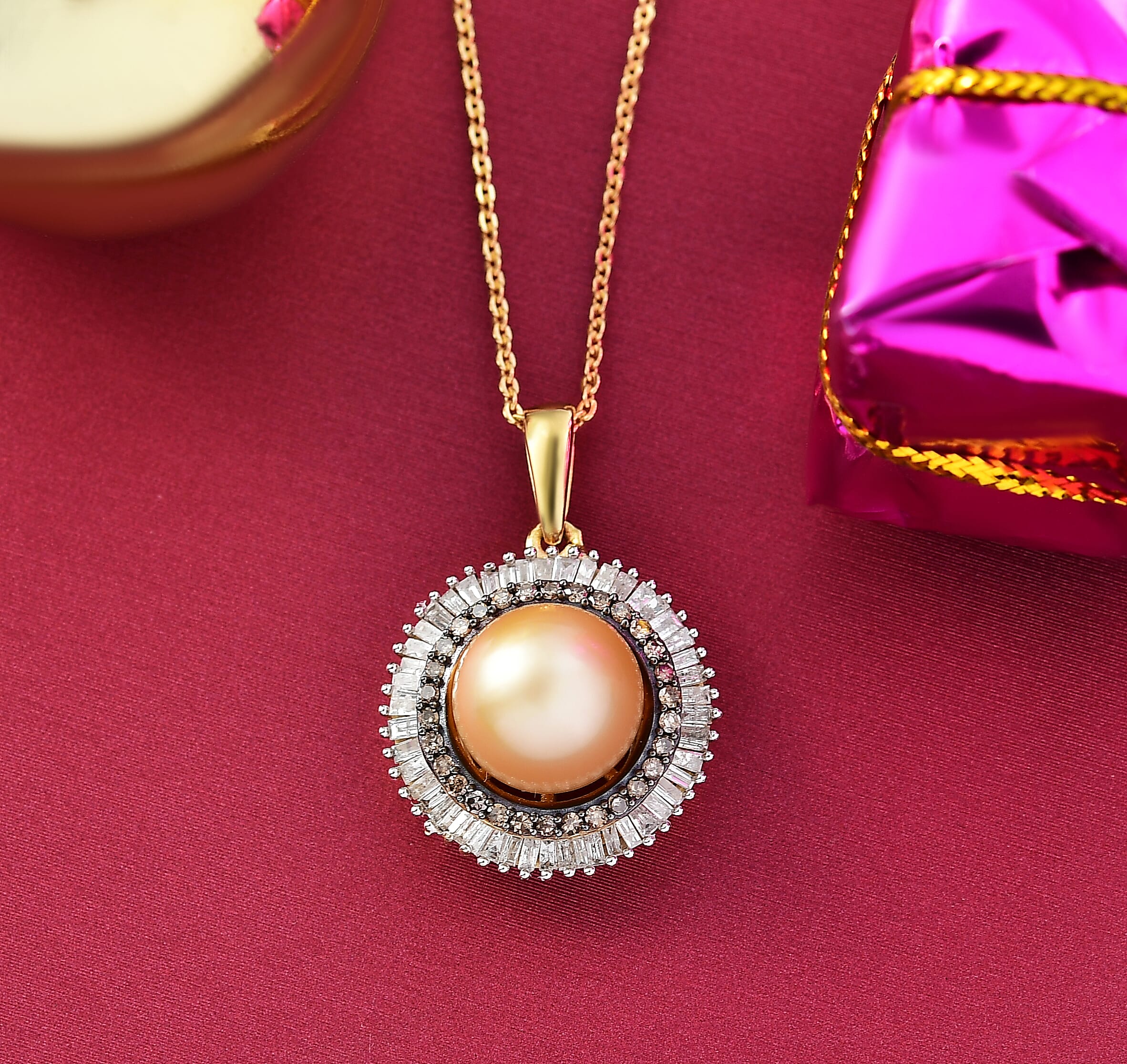 D'Joy South Sea Golden Cultured Pearl, Natural Champagne and White Diamond 0.50 ctw Sunray Pendant Necklace in 18K Vermeil Yellow Gold Over Sterling Silver 20 Inches