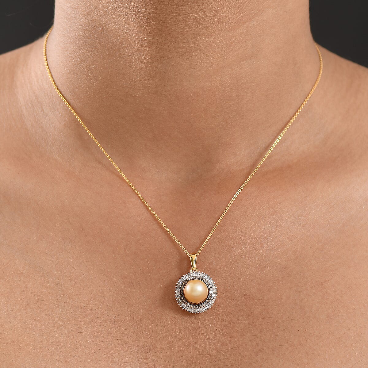 D'Joy South Sea Golden Cultured Pearl, Natural Champagne and White Diamond 0.50 ctw Sunray Pendant Necklace in 18K Vermeil Yellow Gold Over Sterling Silver 20 Inches image number 2
