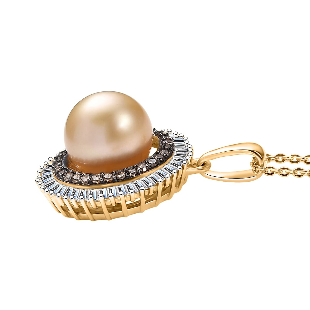 D'Joy South Sea Golden Cultured Pearl, Natural Champagne and White Diamond 0.50 ctw Sunray Pendant Necklace in 18K Vermeil Yellow Gold Over Sterling Silver 20 Inches image number 3