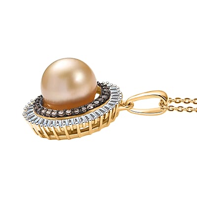 D'Joy South Sea Golden Cultured Pearl, Natural Champagne and White Diamond 0.50 ctw Sunray Pendant Necklace in 18K Vermeil Yellow Gold Over Sterling Silver 20 Inches