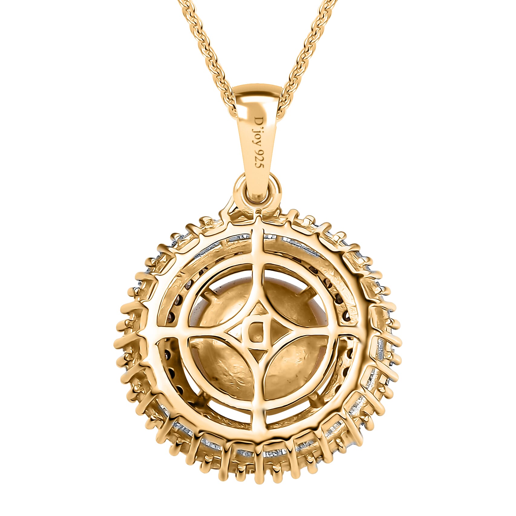 D'Joy South Sea Golden Cultured Pearl, Natural Champagne and White Diamond 0.50 ctw Sunray Pendant Necklace in 18K Vermeil Yellow Gold Over Sterling Silver 20 Inches