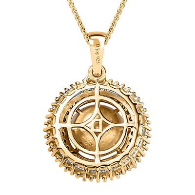 D'Joy South Sea Golden Cultured Pearl, Natural Champagne and White Diamond 0.50 ctw Sunray Pendant Necklace in 18K Vermeil Yellow Gold Over Sterling Silver 20 Inches