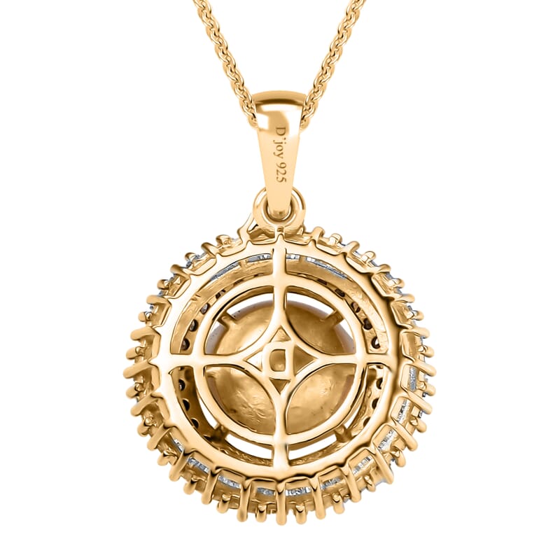 D'Joy South Sea Golden Cultured Pearl, Natural Champagne and White Diamond 0.50 ctw Sunray Pendant Necklace in 18K Vermeil Yellow Gold Over Sterling Silver 20 Inches