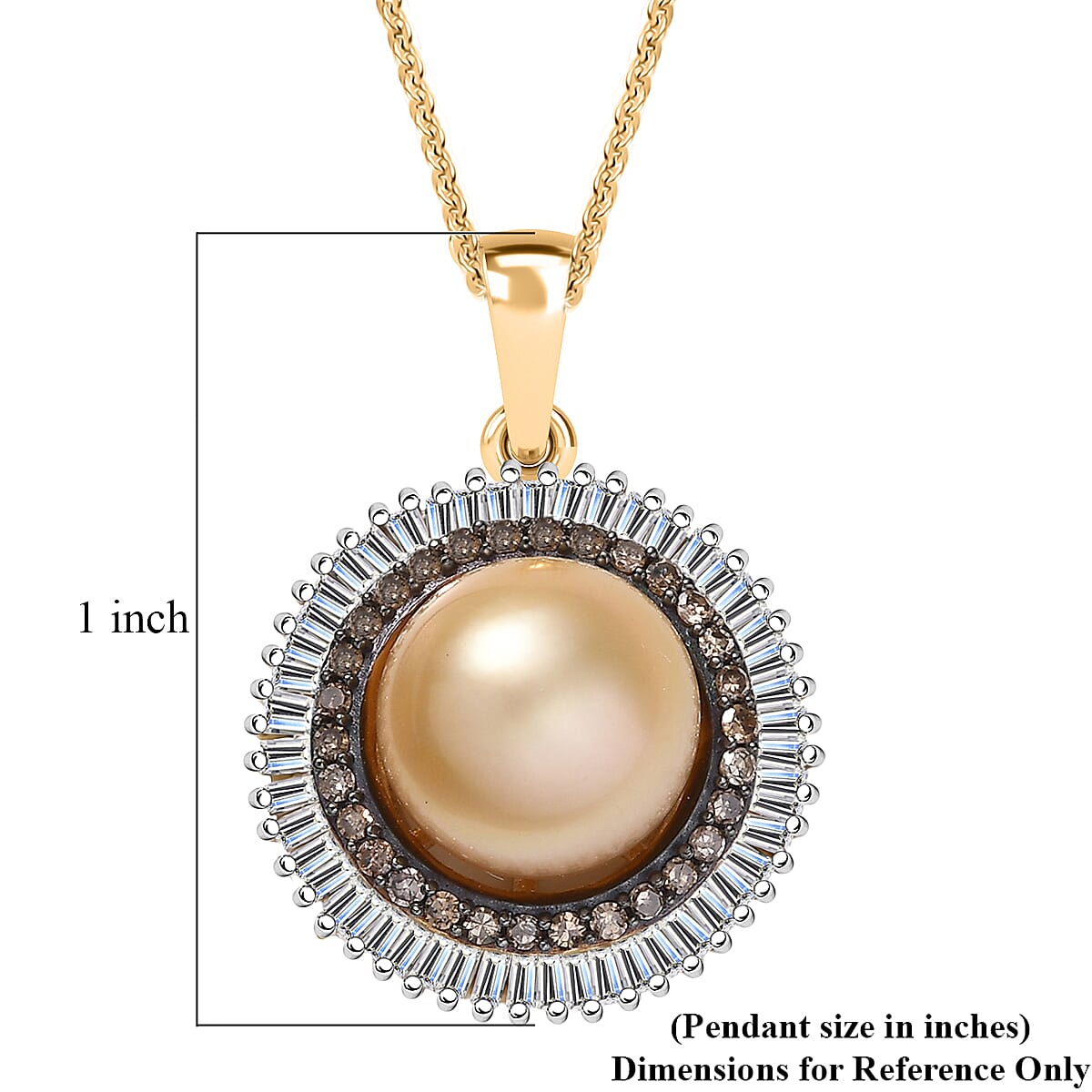 D'Joy South Sea Golden Cultured Pearl, Natural Champagne and White Diamond 0.50 ctw Sunray Pendant Necklace in 18K Vermeil Yellow Gold Over Sterling Silver 20 Inches