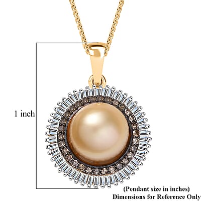 D'Joy South Sea Golden Cultured Pearl, Natural Champagne and White Diamond 0.50 ctw Sunray Pendant Necklace in 18K Vermeil Yellow Gold Over Sterling Silver 20 Inches