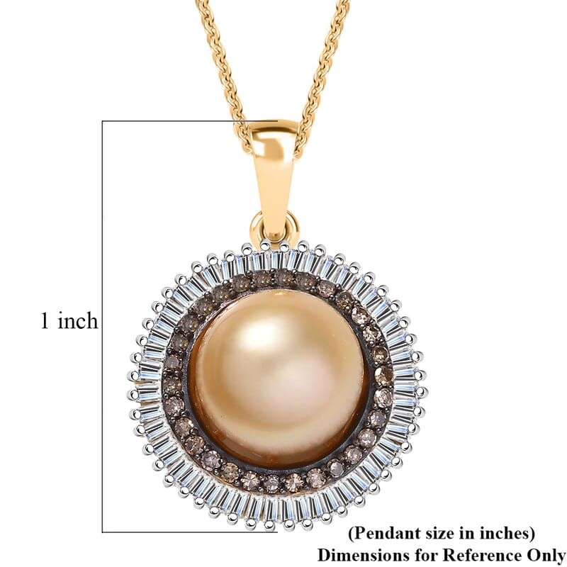 D'Joy South Sea Golden Cultured Pearl, Natural Champagne and White Diamond 0.50 ctw Sunray Pendant Necklace in 18K Vermeil Yellow Gold Over Sterling Silver 20 Inches