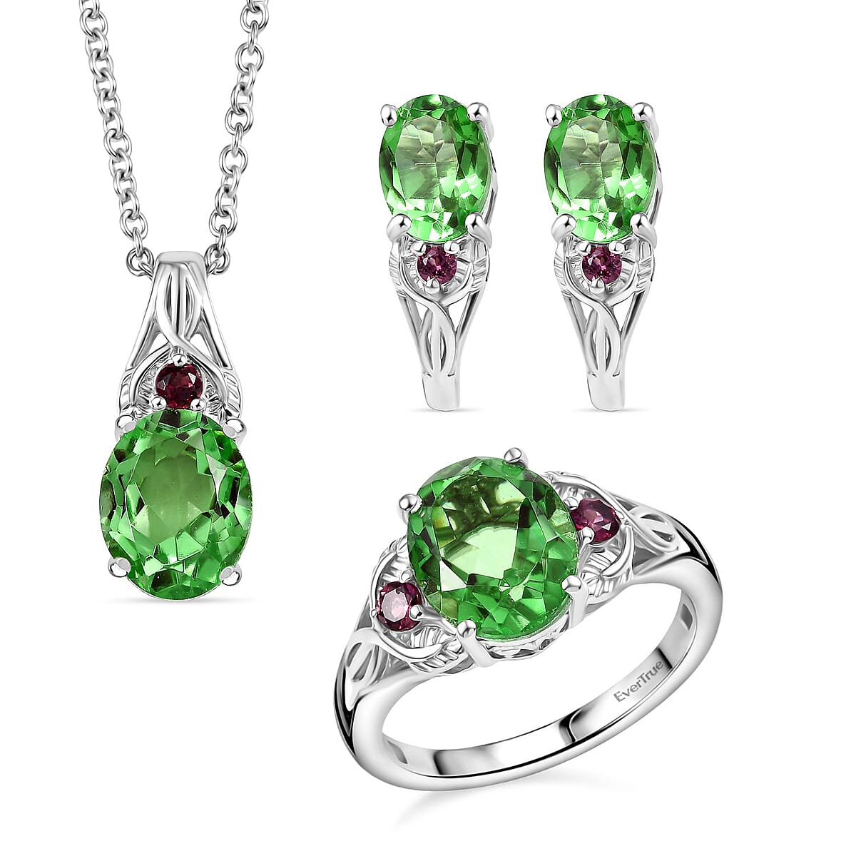 EverTrue Chartreuse Quartz (Triplet) and Orissa Rhodolite Garnet 9.20 ctw Earrings, Ring (Size 5.0) and Pendant Necklace 20 Inches in Stainless Steel image number 0
