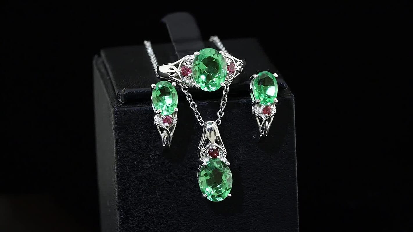 EverTrue Chartreuse Quartz (Triplet) and Orissa Rhodolite Garnet 9.20 ctw Earrings, Ring (Size 5.0) and Pendant Necklace 20 Inches in Stainless Steel
