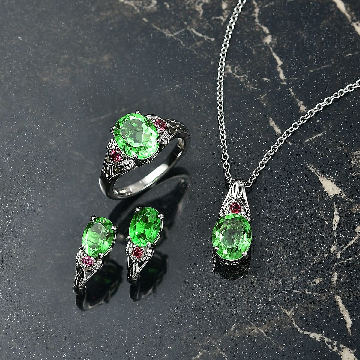 EverTrue Chartreuse Quartz (Triplet) and Orissa Rhodolite Garnet 9.20 ctw Earrings, Ring (Size 5.0) and Pendant Necklace 20 Inches in Stainless Steel image number 1