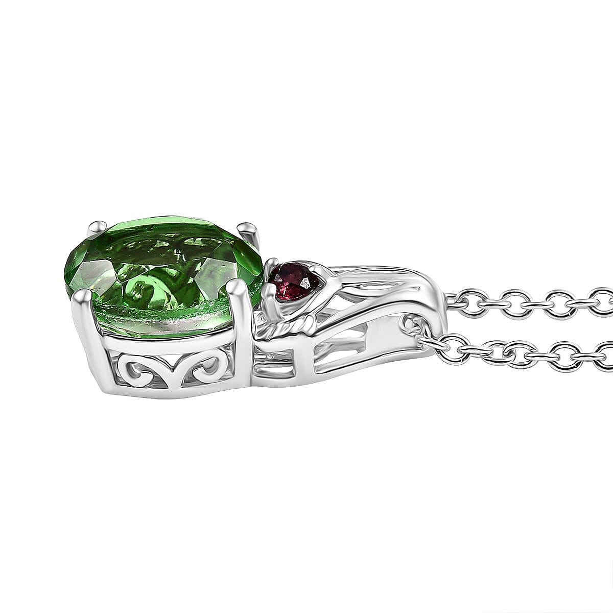 EverTrue Chartreuse Quartz (Triplet) and Orissa Rhodolite Garnet 9.20 ctw Infinity Earrings, Ring (Size 5.0) and Pendant Necklace 20 Inches in Stainless Steel