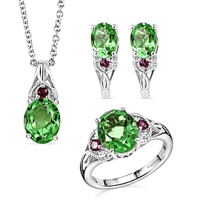 EverTrue Chartreuse Quartz (Triplet) and Orissa Rhodolite Garnet 9.20 ctw Infinity Earrings, Ring (Size 10.0) and Pendant Necklace 20 Inches in Stainless Steel