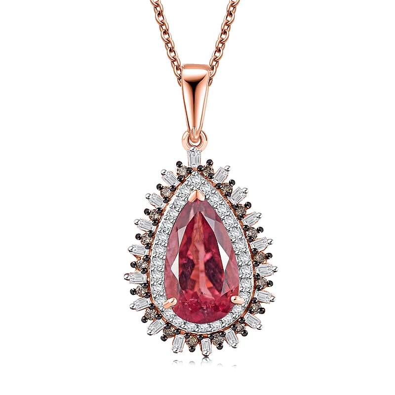 Luxoro AAA Red Apatite, Natural Champagne and White Diamond 2.60 ctw Flare Tiara Pendant Necklace in 10K Rose Gold 20 Inches