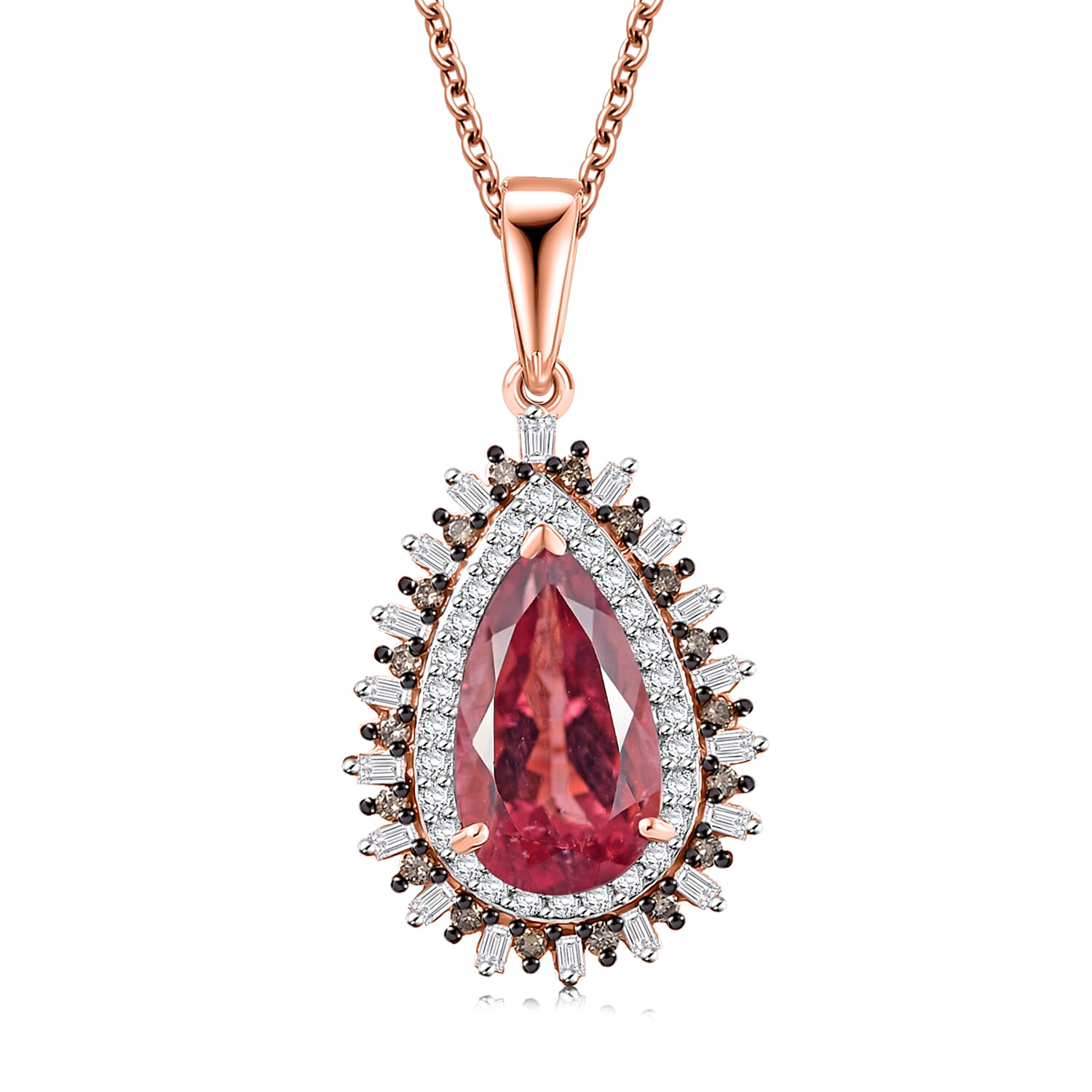 Luxoro AAA Red Apatite, Natural Champagne and White Diamond 2.60 ctw Flare Tiara Pendant Necklace in 10K Rose Gold 20 Inches