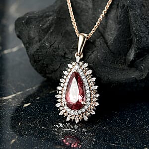 Luxoro AAA Red Apatite, Natural Champagne and White Diamond 2.60 ctw Flare Tiara Pendant Necklace in 10K Rose Gold 20 Inches