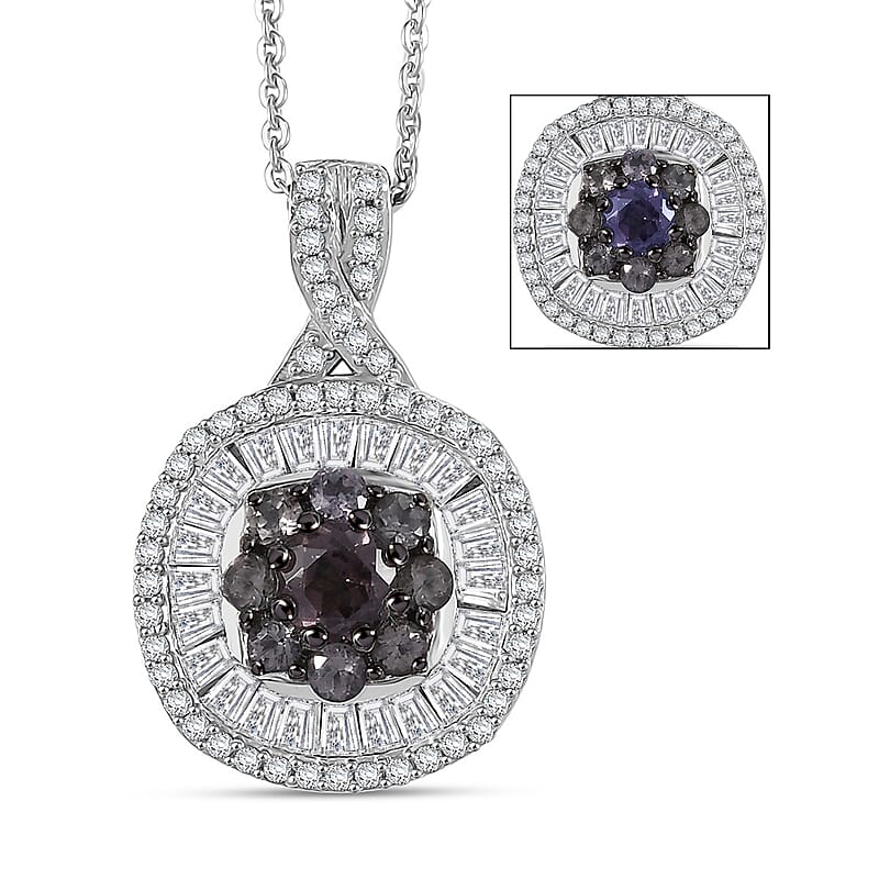 D'Joy Madagascar Color Change Garnet and Moissanite 1.50 ctw Regal Halo Pendant Necklace 20 inches in Rhodium Over Sterling Silver