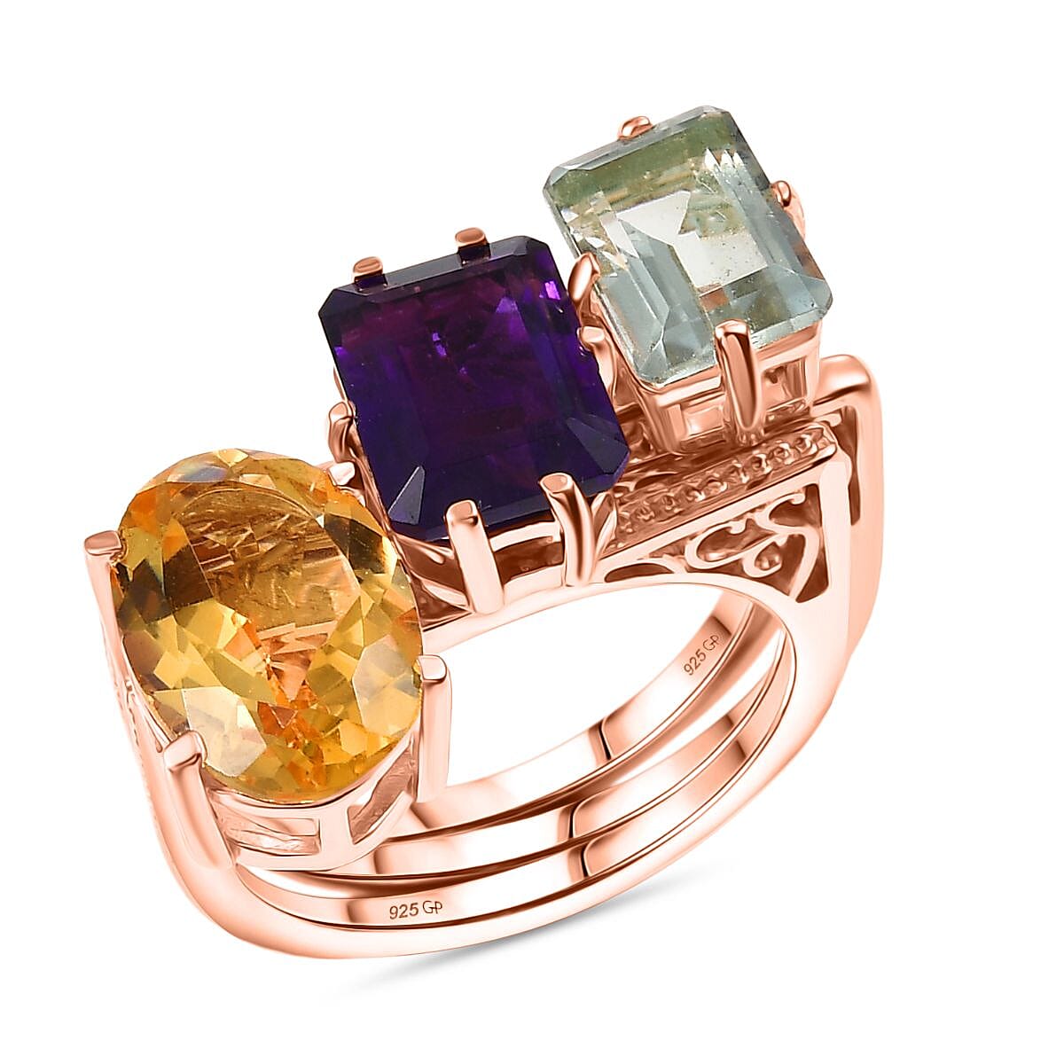 GP Royal Art Deco Collection Set of 3 Multi Gemstone 6.90 ctw Stackable Ring in 18K Vermeil Rose Gold Over Sterling Silver (Size 7.0) image number 0
