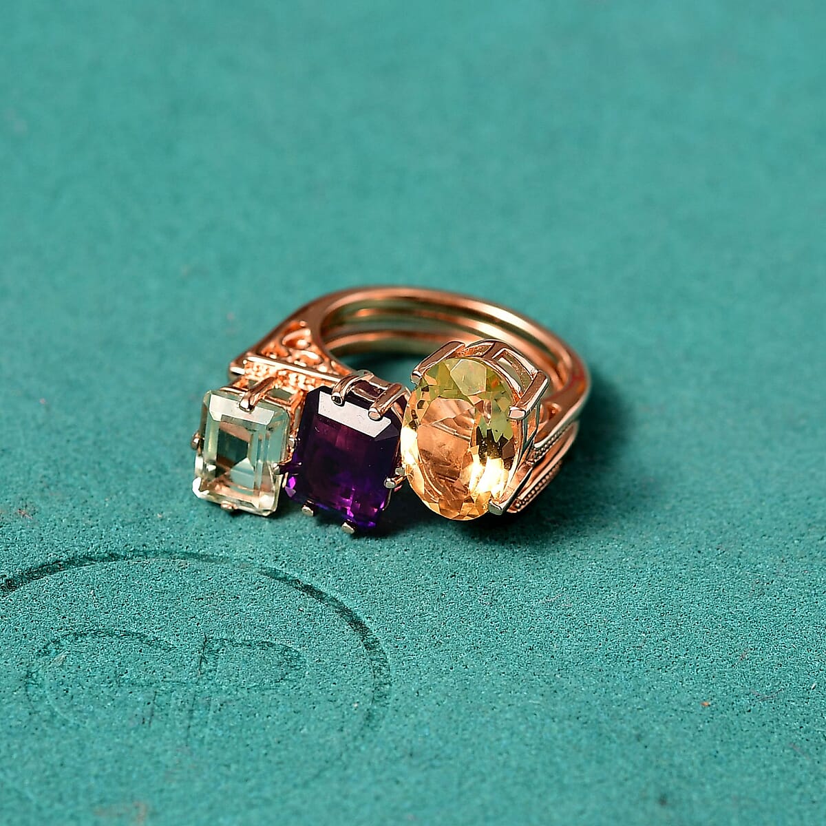 GP Royal Art Deco Collection Set of 3 Multi Gemstone 6.90 ctw Stackable Ring in 18K Vermeil Rose Gold Over Sterling Silver (Size 7.0) image number 1