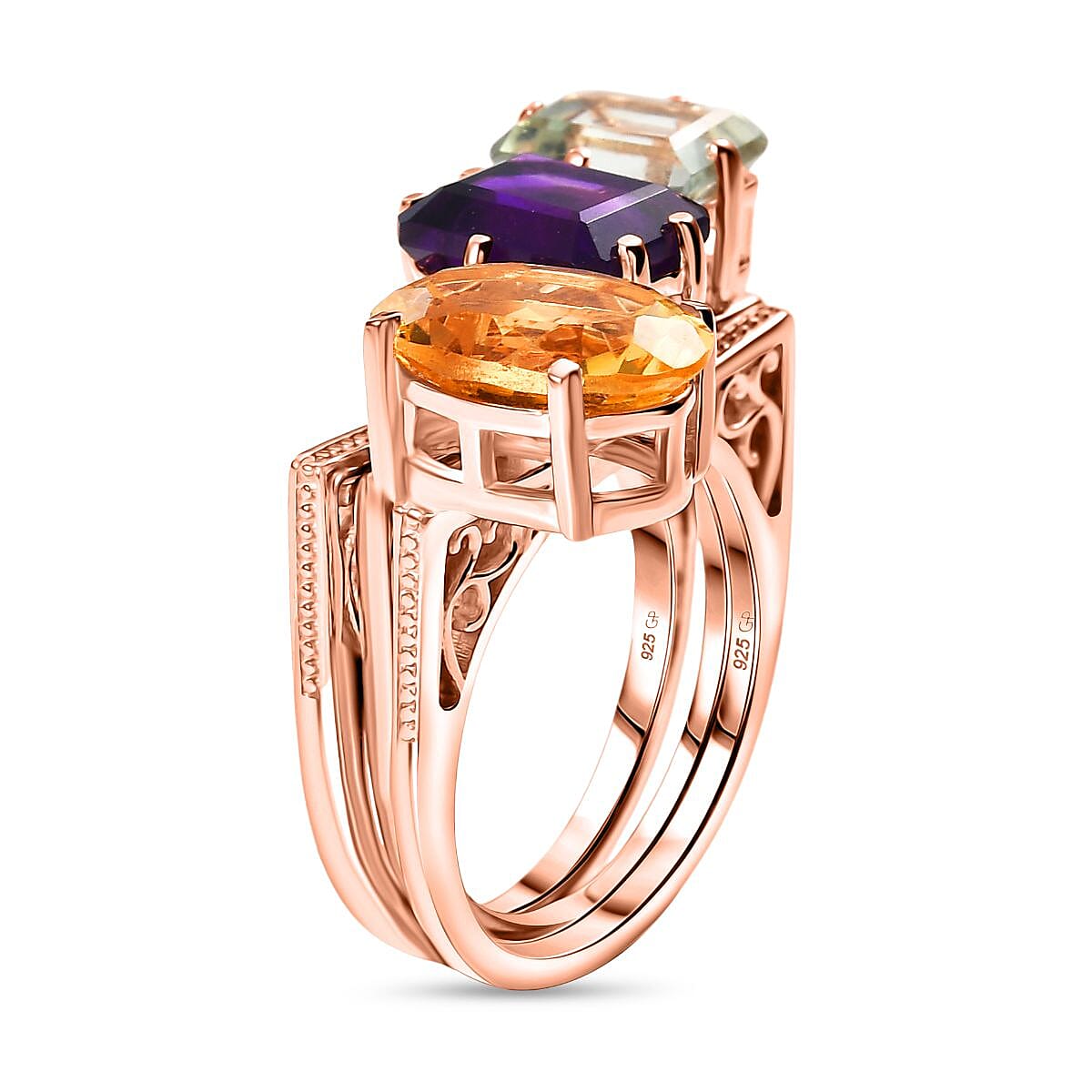 GP Royal Art Deco Collection Set of 3 Multi Gemstone 6.90 ctw Stackable Ring in 18K Vermeil Rose Gold Over Sterling Silver (Size 7.0) image number 4