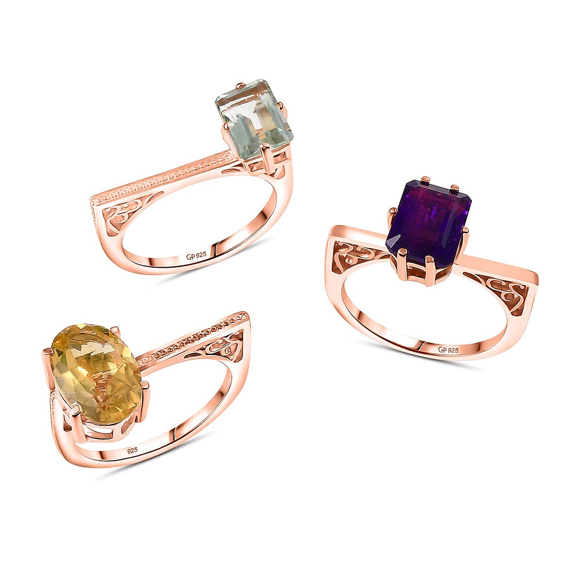 GP Royal Art Deco Collection Set of 3 Multi Gemstone 6.90 ctw Stackable Ring in 18K Vermeil Rose Gold Over Sterling Silver (Size 7.0) image number 5