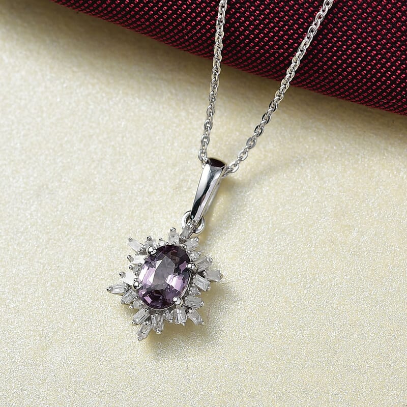 D'Joy Royal Lavender Spinel and Diamond 1.10 ctw Royal Rays Pendant Necklace in Rhodium Over Sterling Silver 20 Inches