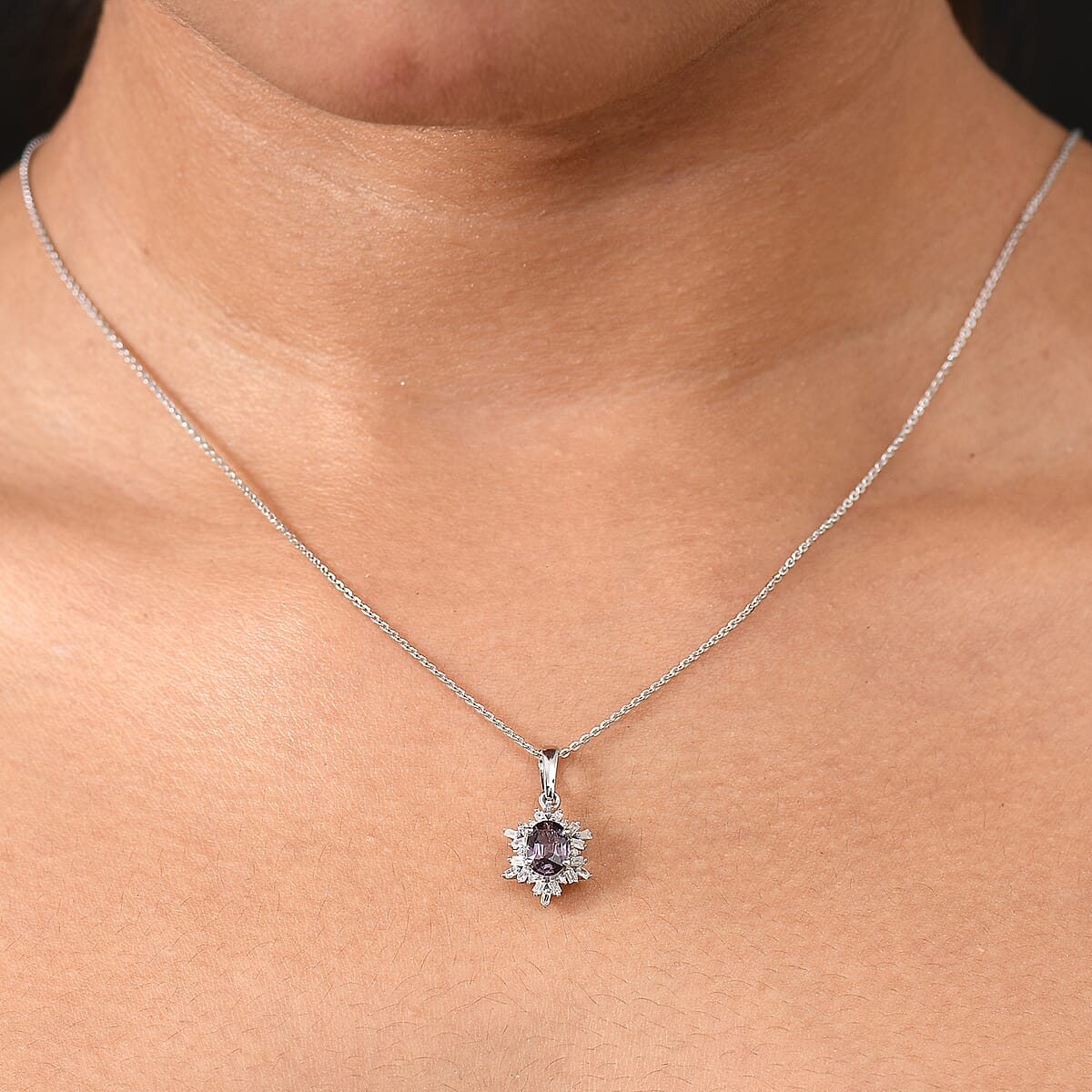 D'Joy Royal Lavender Spinel and Diamond 1.10 ctw Royal Rays Pendant Necklace in Rhodium Over Sterling Silver 20 Inches image number 2