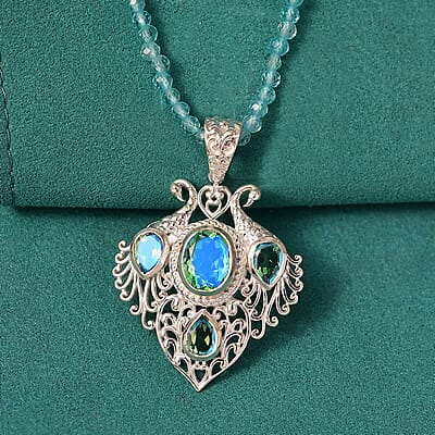 D'Joy AAA Malagasy Labradorite and Apatite 77.00 ctw Pendant Necklace in 18K Vermeil RG and Rhodium Over Sterling Silver 18 Inches 