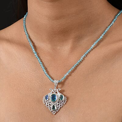 D'Joy AAA Malagasy Labradorite and Apatite 77.00 ctw Pendant Necklace in 18K Vermeil RG and Rhodium Over Sterling Silver 18 Inches 