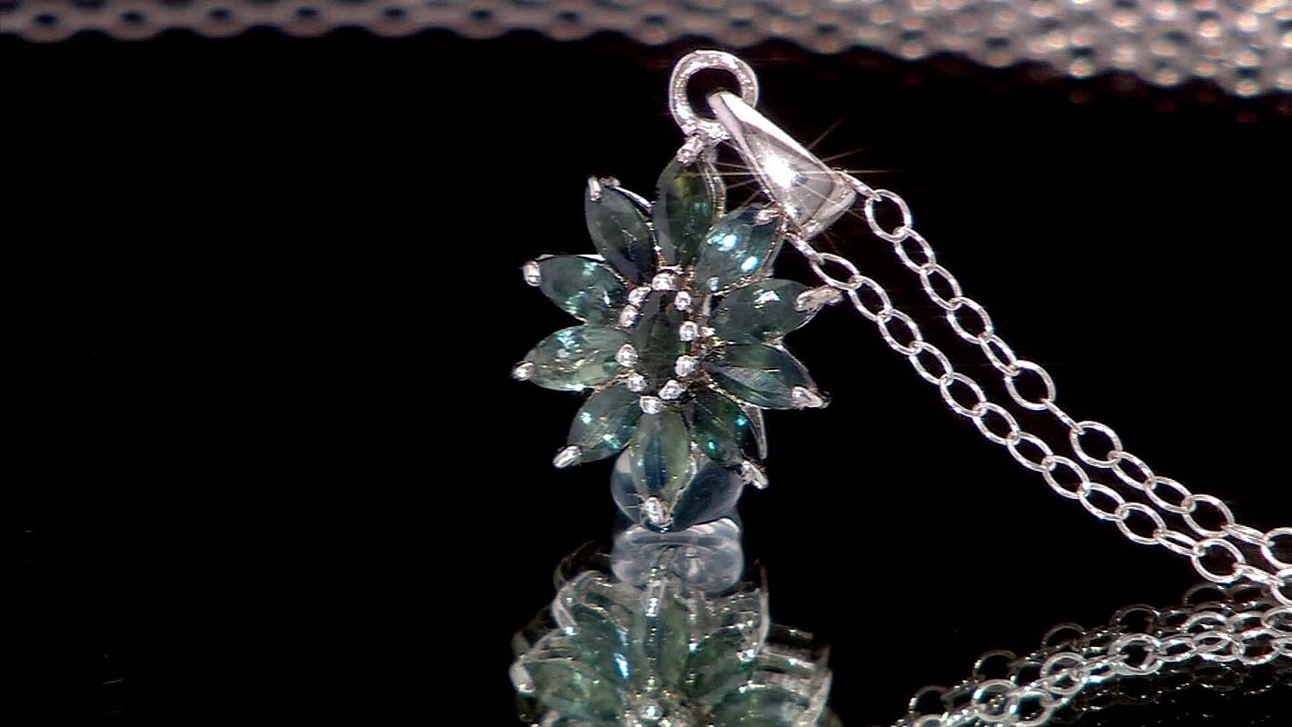 D'Joy Australian Sapphire 1.15 ctw Twilight Blossom Pendant Necklace in Rhodium Over Sterling Silver 20 Inches